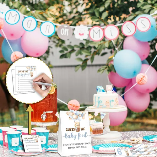 Vista 3 de Guess the Baby Food Party Games, juego de baby shower, 1 letrero de pie + 25 tarjetas de respuesta + 6 tarjetas de números, suministros