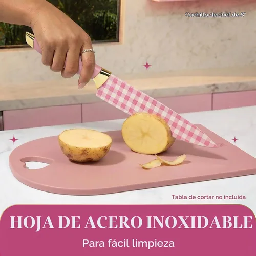 Vista 5 de Paris Hilton Juego de cuchillos con bloque magnético, cuchillas de acero inoxidable con diseño de guinga, elegantes asas ergonómicas con detalles