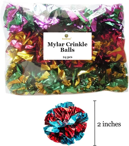Vista 7 de SunGrow 24 bolas arrugadas de Mylar para gatos, 2 pulgadas para ejercicio para mantenerse en forma, ligeras, papel de aluminio brillante multicolor