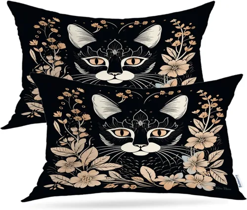 Vista 67 de Batmerry Fundas de almohada decorativas con estampado digital de hojas verdes y gatos negros con estampado digital para sofá, cama, cremallera