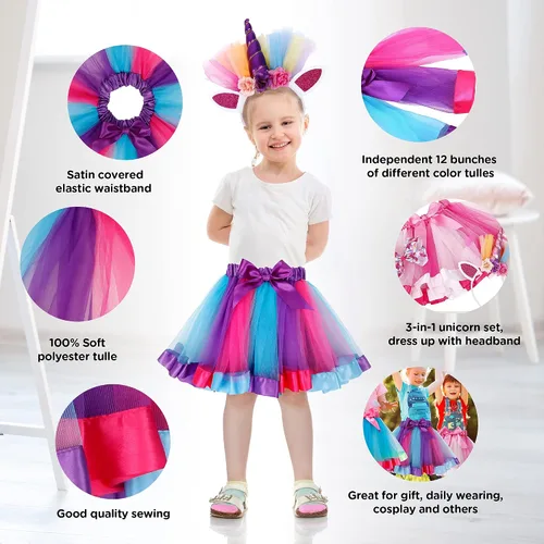 Vista 5 de Simplicity - Falda tutú de tul con forma de arco iris con diadema de unicornio y lazo para el pelo