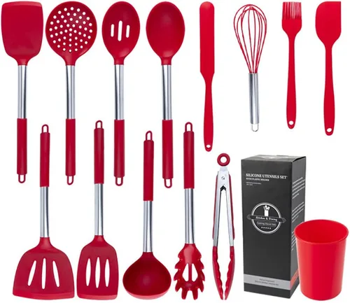 Vista 10 de Juego de 14 utensilios de cocina de silicona resistentes al calor, de acero inoxidable, cuchara, pala (negro)