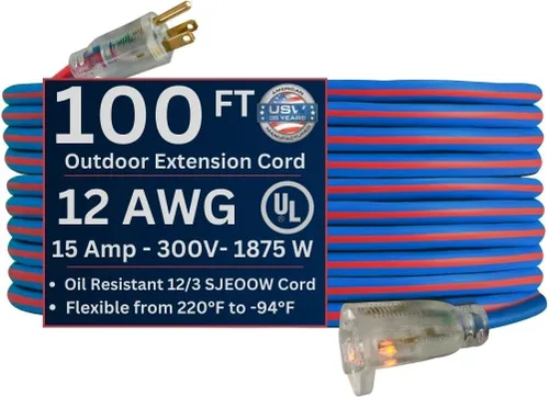 Vista 8 de US Wire 99025 12/3 25 pies SJEOW TPE Cable de extensión para clima frío azul con enchufe iluminado