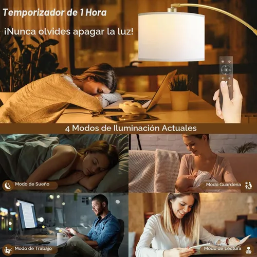 Vista 5 de Lámparas de pie de arco para sala de estar, lámpara de pie moderna con control remoto con regulación continua sin escalones, lámpara alta dorada