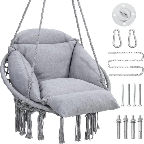 Vista 7 de KROFEM - Silla columpio de macramé, silla colgante para dormitorio, cojín grueso Gris ordinario
