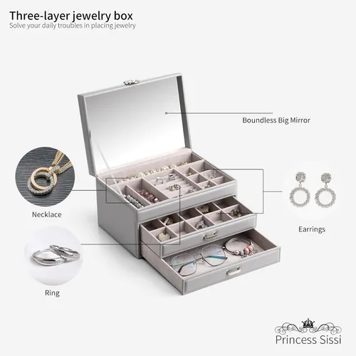 Vista 5 de Vlando Joyero para collares anillos aretes caja organizadora de joyas de espejo con cajones cajas grandes de joyería de 3 capas para mujeres y niñas