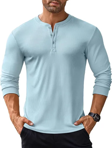 Vista 85 de COOFANDY Camisas Henley de manga larga para hombre, camisetas elásticas acanaladas, camisetas básicas casuales de moda