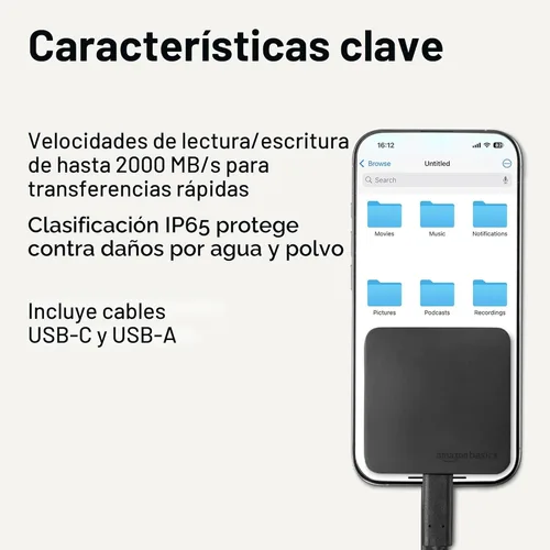 Vista 2 de Amazon Basics - SSD externa portátil, unidad de estado sólido externa de 1 TB, velocidades de hasta 2000 MB/s, USB 3.2 Gen 2, resistente al agua