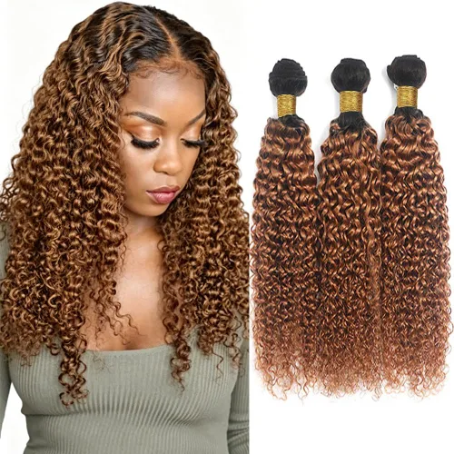 Vista 303 de P4613 Cabello humano rizado onda profunda marrón y paquetes mixtos 8 10 12 P4613 Ombre Marrón-Rubio-DP