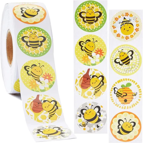 Vista 3 de BLUE PANDA Rollo de calcomanías de abejas, 1000 unidades, 1.5 pulgadas, redondo, multicolor, calcomanías autoadhesivas de abejorro para recompensas