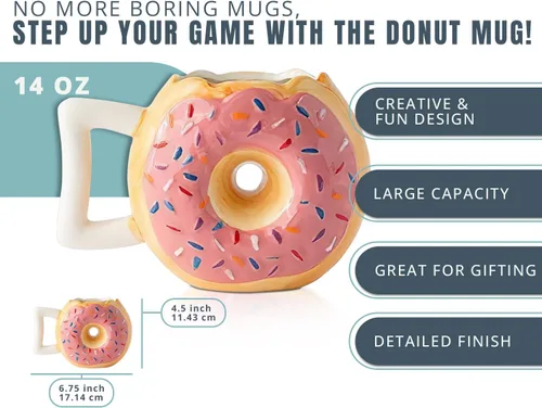 Vista 2 de Comfify Taza de cerámica con forma de dona – Esmalte rosa con chispas – Divertida cita "MMM... Donuts!" – Taza de café de 14 onzas para té