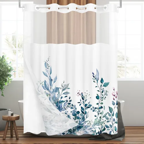 Vista 17 de Tititex - Juego de cortinas de ducha de eucalipto negro, hojas de acuarela gris en la parte superior, con decoración floral de baño, 60 x 72