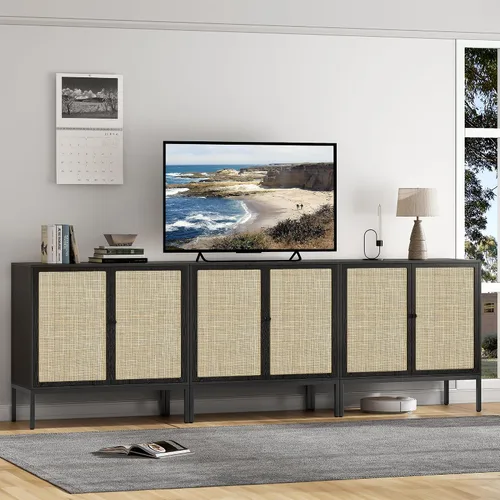 Vista 9 de Brafab Aparador negro con puertas decoradas de ratán natural, 31.5 pulgadas de ancho, armario de almacenamiento de ratán Credenza, gabinete bohemio