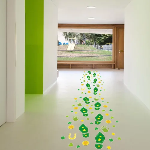 Vista 4 de Calcomanías de huellas de duende, 400 unidades, calcomanías de suelo del día de San Patricio para decoración de fiesta en el hogar, trébol fácil