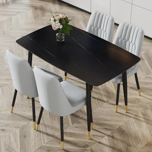 Vista 20 de Juego de 5 mesas de comedor modernas de piedra sinterizada de 50 pulgadas, mesa de cocina rectangular de mármol sintético con 4 sillas de piel