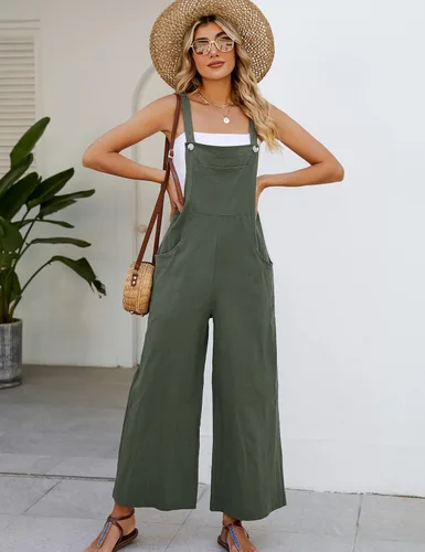 Vista 3 de Overol con peto para mujer, cuello cuadrado, sin mangas, ajustable, casual, de algodón, de pierna ancha, holgado, con bolsillos, 2024