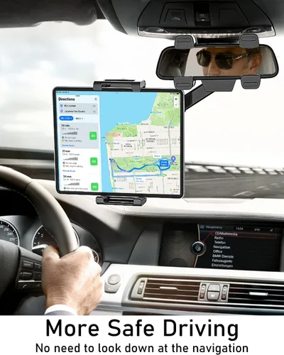 Vista 6 de Soporte para tablet de espejo retrovisor de coche para tabletas y teléfonos de 6 a 15.6 pulgadas Mounts securely to your rearview mirror with a