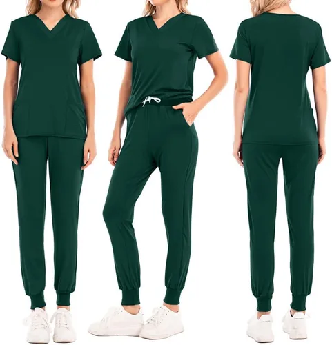 Vista 3 de Conjunto de uniformes quirúrgicos para mujer, pantalones deportivos con cuello en V, bolsillo (verde, XL)