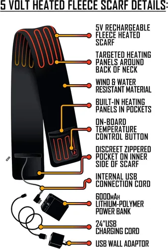Vista 8 de ActionHeat Bufanda de forro polar con batería de 5 V con paneles de calefacción integrados bufanda negra con tecnología de control de botón táctil