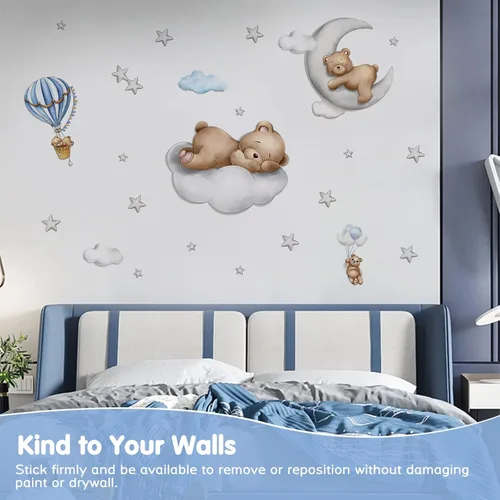 Vista 4 de Calcomanías de pared de oso lindo durmiendo en la luna de nubes, calcomanías de pared de oso bebé, calcomanías de pared removibles de hadas, mural