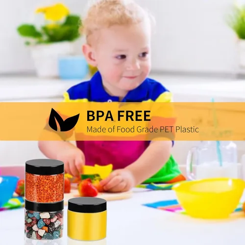 Vista 7 de Paquete de 40 tarros de plástico transparente de 6 onzas con boca ancha y tapas negras sin BPA, tarro de almacenamiento recargable multiusos vacío