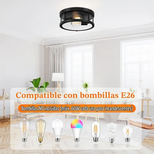 Vista 4 de Lámpara de techo negra de montaje al ras, lámpara de estilo rústico con pantalla de cristal granulado, iluminación industrial de 2 luces cerca