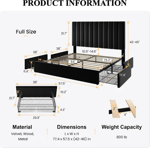 Vista 2 de SHA CERLIN Base de cama de plataforma tamaño matrimonial con 4 cajones de almacenamiento, cabecera acolchada vertical con diseño acanalado
