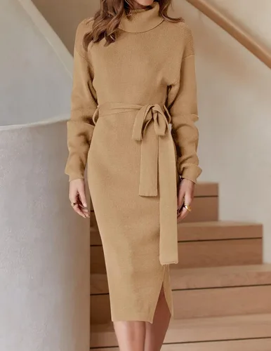 Vista 74 de ZESICA - Vestido por debajo de la rodilla de suéter, de cuello alto, para mujer, de manga larga, de punto acanalado, con abertura y cinturón