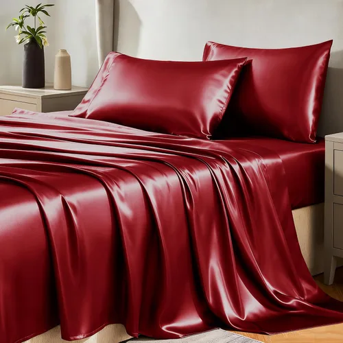 Vista 11 de Juego de sábanas de satén CozyLux de microfibra sedosa con bolsillo profundo, sábana bajera plana y fundas de almohada, suave y suave