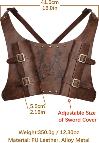 Vista 7 de HZMAN Espada de tótem vikingo medieval, rana ajustable de piel sintética, doble espada, Cosplay Renacimiento LARP
