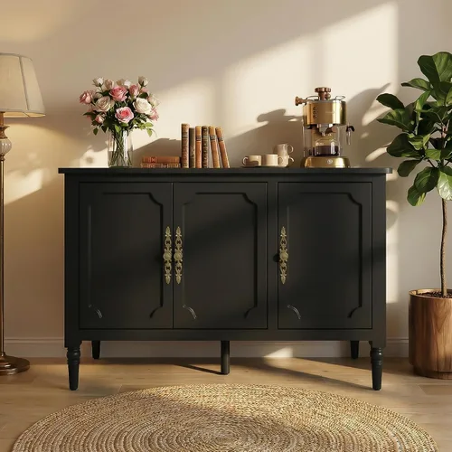 Vista 8 de RoyalCraft Armario buffet con almacenamiento, aparador moderno de mediados de siglo con 3 puertas, mesa de café pintada con estantes ajustables
