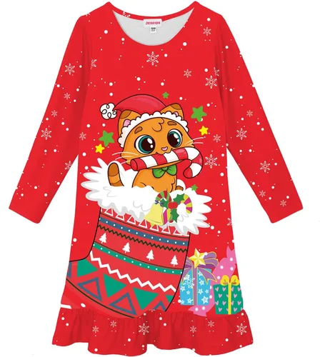 Vista 12 de JESKIDS Camisones de niñas de manga larga con estampado de dinosaurios, vestido de pijama Azul lindo perro