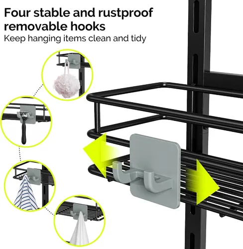Vista 7 de Orimade Organizador de Ducha Sobre la Puerta Ajustable de 3 Niveles Negro, Estante Colgante para Baño a Prueba de Óxido con 4 Ganchos, Organizador