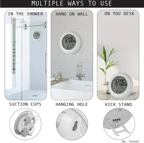 Vista 4 de Sonnet Reloj de ducha para baño y cocina, pantalla digital grande que muestra la hora, la fecha, el día de la semana y la temperatura. Ventosas