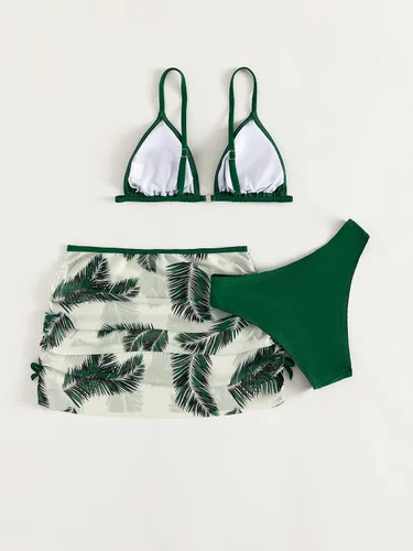Vista 2 de SHENHE Traje de baño de 3 piezas con estampado de hojas, corte alto, triángulo, con falda de playa