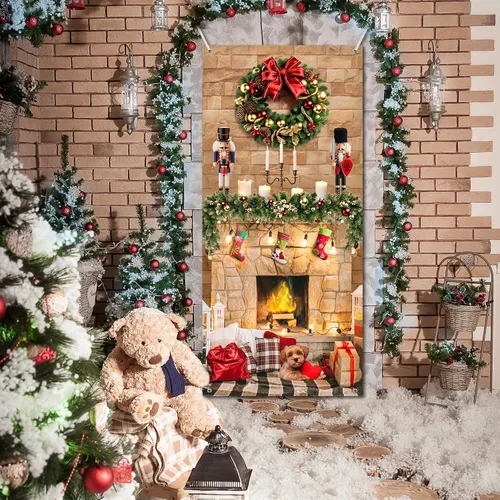 Vista 4 de Buryeah Decoración de puerta de Navidad, cubierta de puerta de chimenea de Navidad, pancarta de cascanueces de Navidad, telón de fondo, soporte