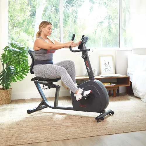 Vista 11 de Sunny Health & Fitness Bicicleta estática reclinada inteligente, asiento con cojín ajustable y respaldo de malla para entrenamiento en casa