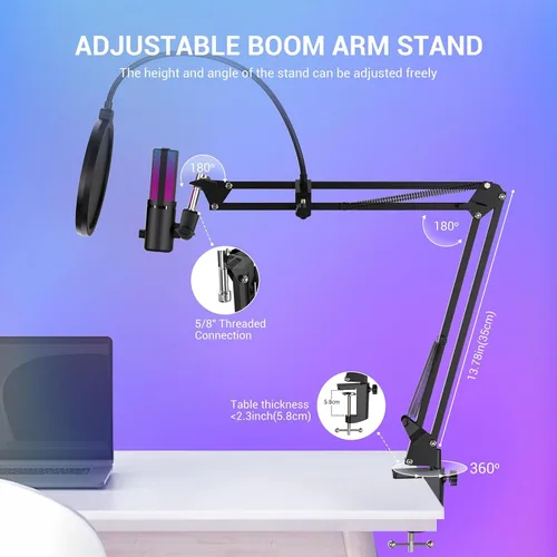 Vista 6 de FDUCE Micrófono USB para juegos RGB, micrófono condensador con silencio, ganancia, monitoreo, brazo de boom para transmisión, podcast, Twitch