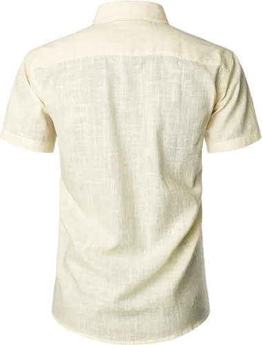 Vista 3 de ZEROYAA Camisas de lino y algodón ajustadas para hombre, de manga corta, con botones, ligeras, para la playa, con bolsillo