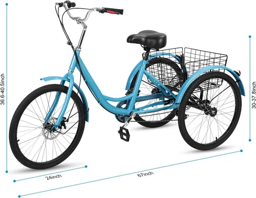 Vista 4 de Triciclo para adultos de 7 velocidades, bicicletas de 3 ruedas de 24 pulgadas, bicicleta de triciclo para adultos con cestas extraíbles, bicicleta