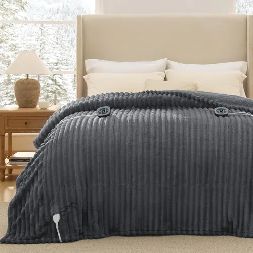 Vista 10 de Bedsure Manta eléctrica tamaño matrimonial – Manta térmica de franela gruesa a rayas con 6 ajustes de calor, 10 ajustes de tiempo, temporizador de 8