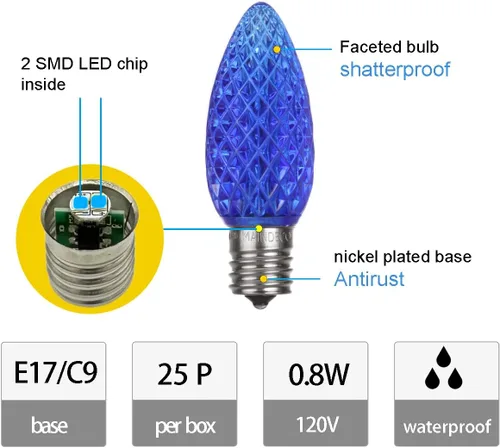 Vista 2 de Paquete de 25 bombillas LED G40 de repuesto, 120 V 0.5 W, base E12, para tira de luces al aire libre, C9 facetado azul