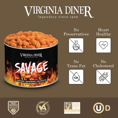 Vista 3 de Virginia Diner Savage Flaming Hot Spicy Natural Virginia Cacahuetes Blister Tostado Gourmet Snack Lata de 18 onzas (paquete de 1)