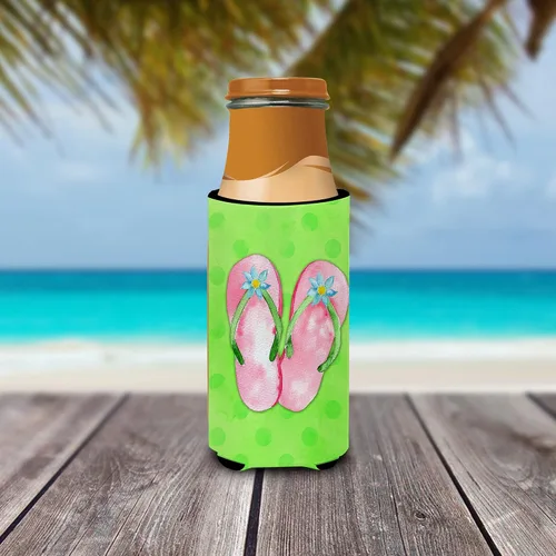 Vista 3 de Caroline's Treasures BB8220MUK - Chanclas color rosa con lunares verdes, ultra Hugger para latas delgadas, funda enfriadora de latas verdes, lavable