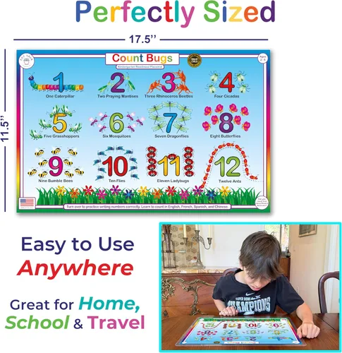 Vista 8 de Tot Talk Count Bugs Learn and Write Numbers 1-10 - Mantel individual educativo para niños, de doble cara, impermeable, lavable, fabricado en Estados