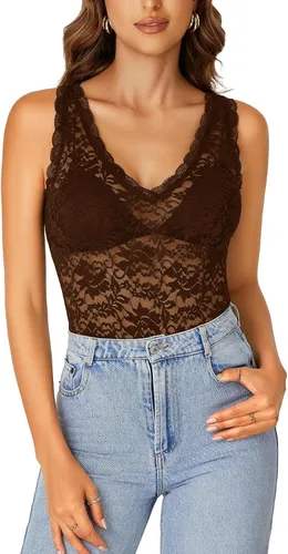 Vista 9 de Rooscier - Blusa sin mangas para mujer, con encaje floral, cuello en V, con volantes, transparente, sin sujetador