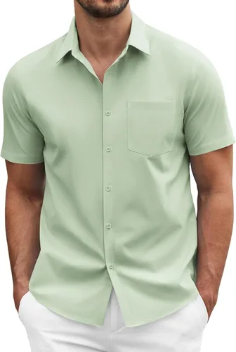 Vista 23 de COOFANDY: camisa casual de manga corta con botones para hombre, de negocios, sin doblar con bolsillo