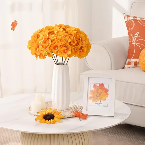 Vista 3 de Waipfaru 10 flores artificiales de hortensia naranja, hortensias artificiales de seda, cabezas completas con tallos, ramos de flores de hortensias