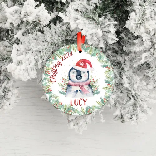 Vista 5 de Adorno de Navidad personalizado para niños con nombre y fecha, 6 diseños, metal personalizado de 3 pulgadas, aluminio, adorno de Navidad redondo