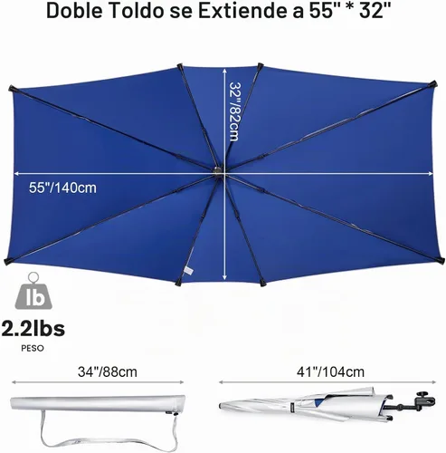 Vista 2 de G4Free Paraguas doble para 2 personas con abrazadera ajustable UPF 50+ Azul